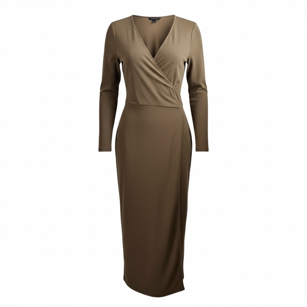 Banana Republic Elegant Dark Olive Wrap Midi Dress Long Sleeve Size L